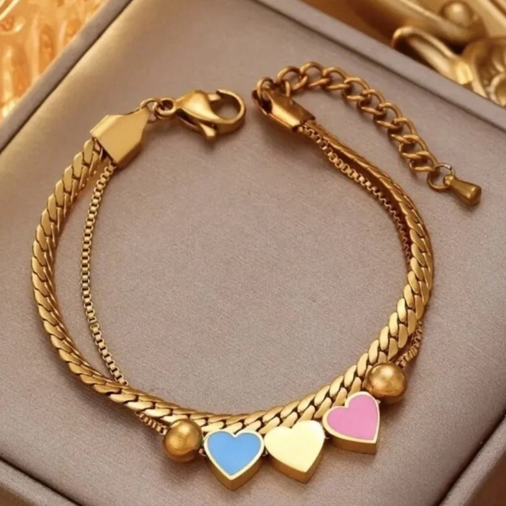 Gold Heart Trio Stainless Steel Bracelet with Blue and Pink Enamel Accents Gift